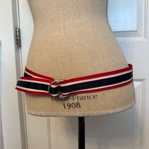 ELIZA B BELT RED WHITE BLUE GROSGRAIN RIBBON SILVER D RINGS USA HANDMADE SIZE M